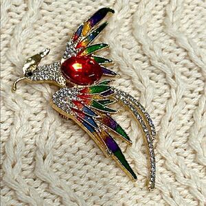 Colorful Bird Brooch with Red Gem